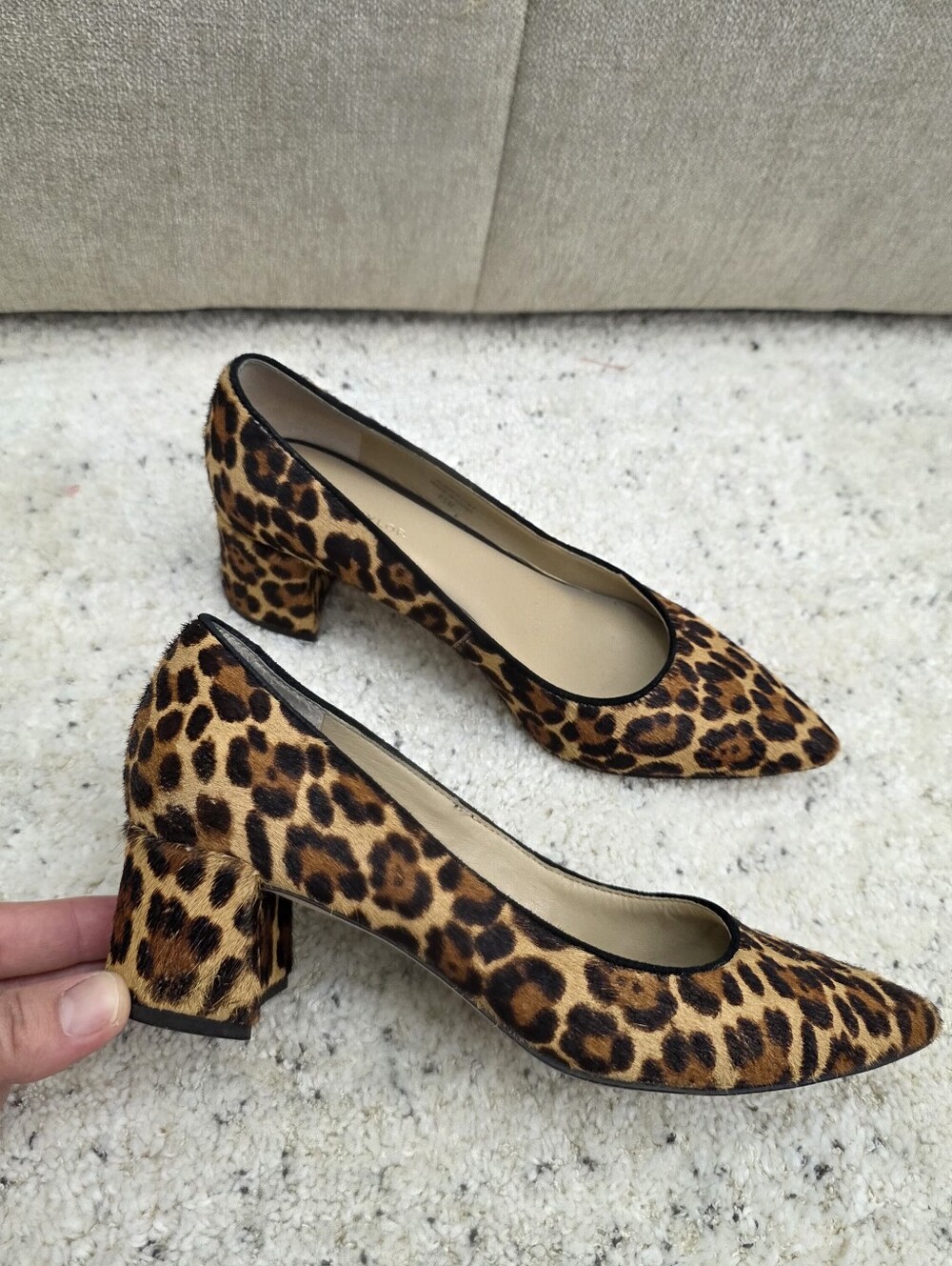 Calf Hair Leopard Print Block Heel Pumps - Women's
